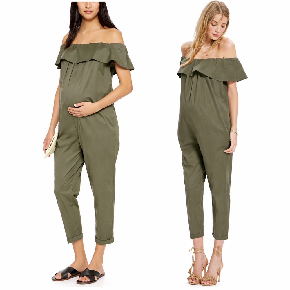 HATCH Maternity Ruffled Cotton jumpsuit in Khaki Green. Can be off shoulder o/s